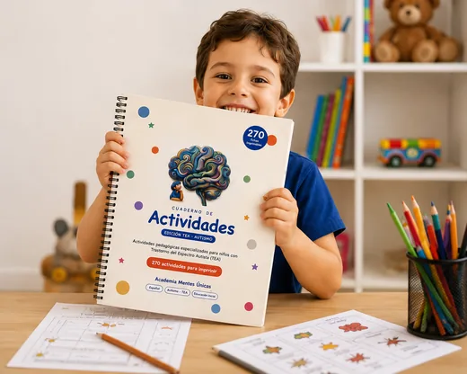 Niño sonriendo con el Cuaderno de Actividades edición TEA y fichas impresas sobre la mesa