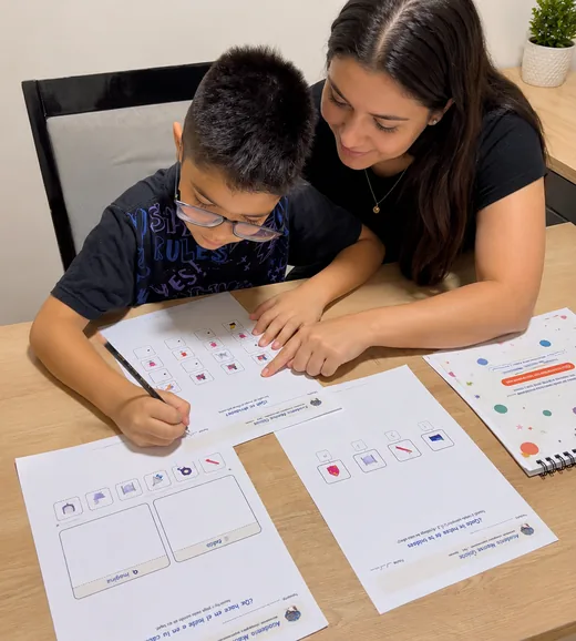 Familias aplicando las actividades visuales impresas con sus niños
