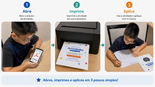 Tres pasos de uso: abrir el PDF en el celular, imprimir la hoja y aplicar la actividad con el niño